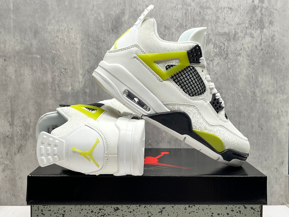 Air Jordan 4 Retro Sneakers – White & Neon Yellow